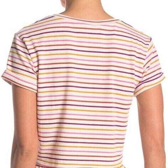 LUSH Terry Stripe Notched Crop Tee T-shirt M Rainbow T27 - Picture 2 of 4